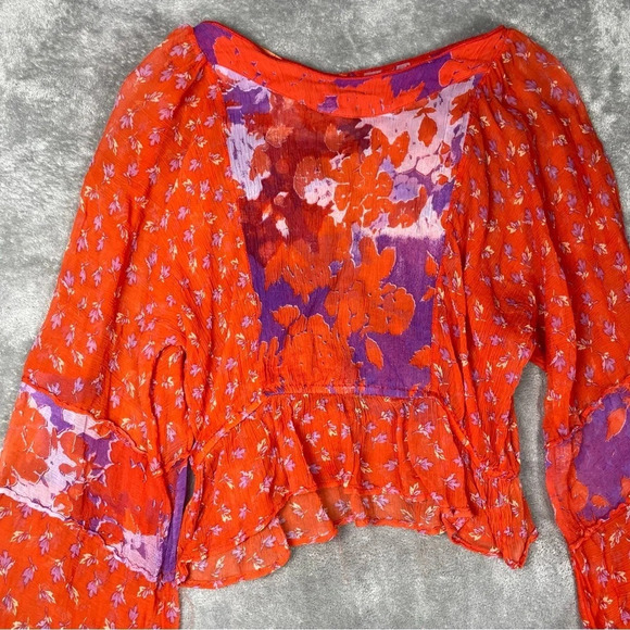 Free People Blouse Womens Small Red Floral Sheer Artsy Boho Ruffle Watercolor - Picture 6 of 14